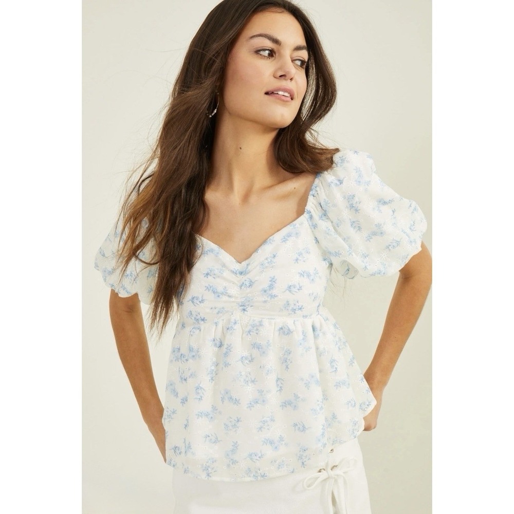 Altar'd State Alena Babydoll Top Blue Floral Puff Sleeve Size Medium CottageCore